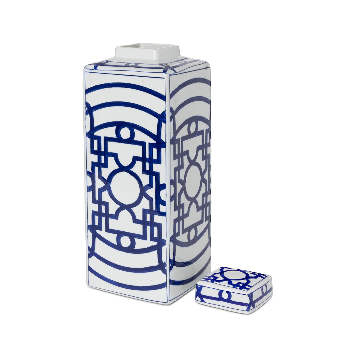 Imperial Ceramic Geometric Square Jar, White and Blue, Large style shot 2