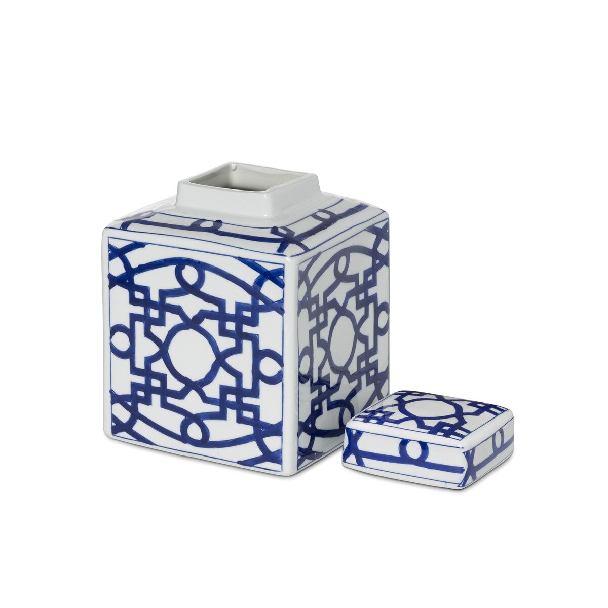 Imperial Ceramic Geometric Square Jar, White and Blue, Small style shot 2