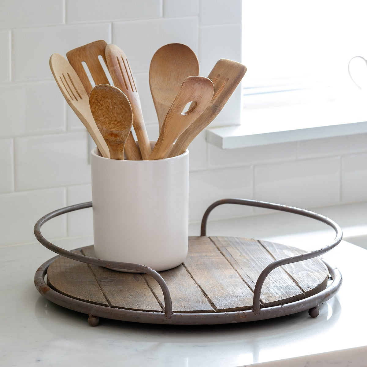 Round Wooden Tray with Iron Handles style shot 1