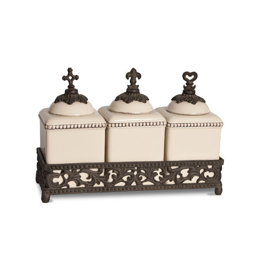 Acanthus Stoneware Keepsake Jars, Set of 3 with Base style shot 1