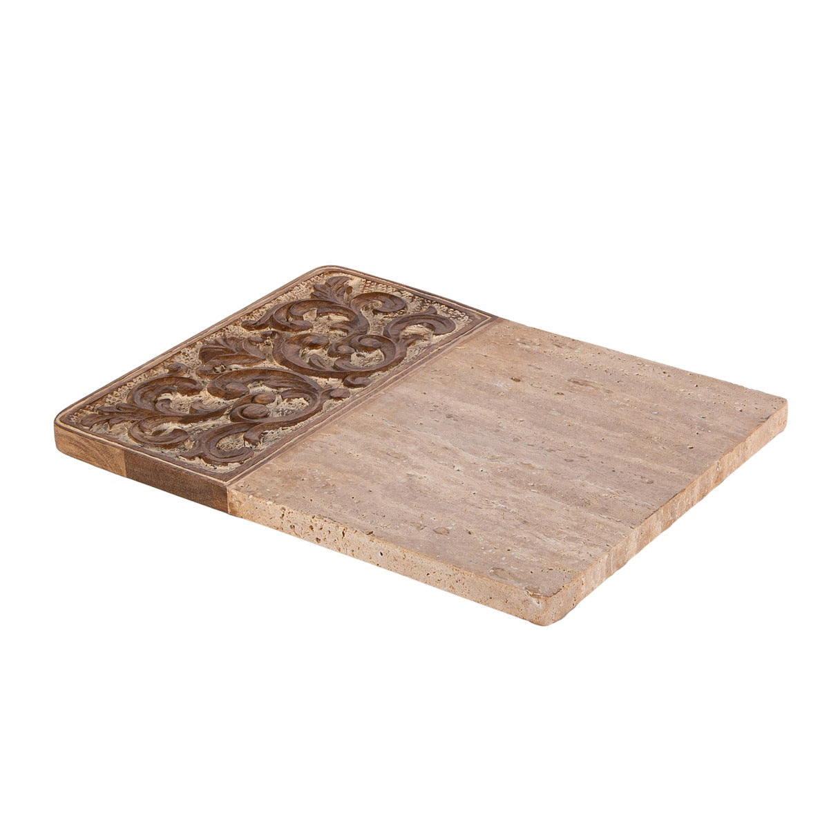Acanthus Carved Wood and Marble Cutting Board, Natural, Large style shot 1