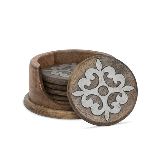 Heritage Inlay Wood Coaster Set, Set of 6 with Holder style shot 1