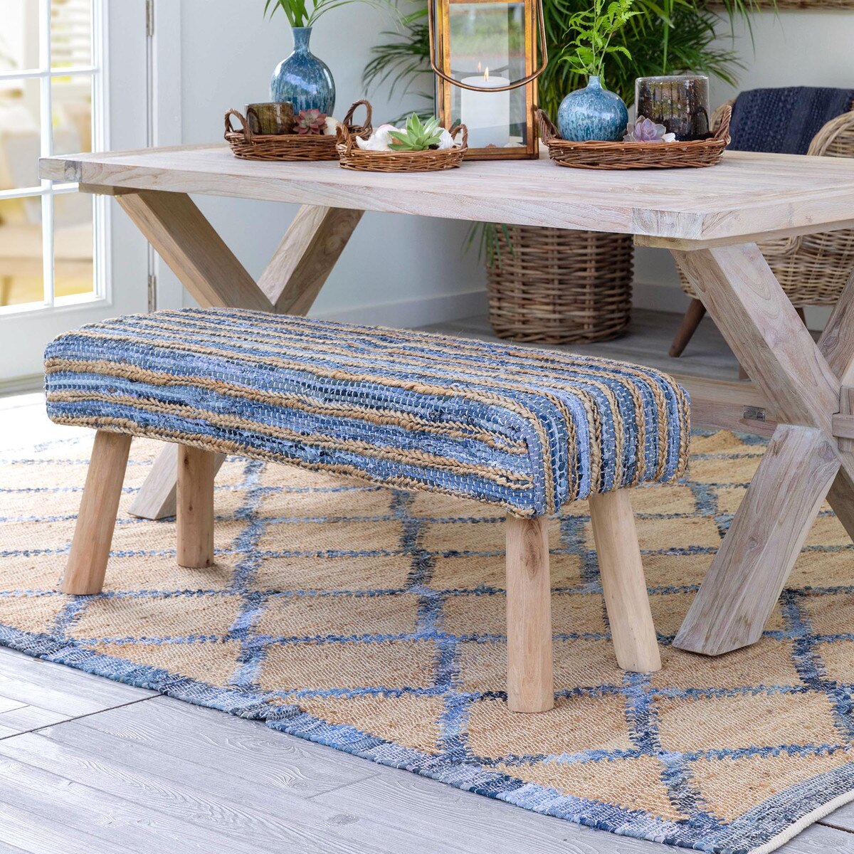 Hemp and Recycled Denim Windowpane Pattern Rug, 8' x 10' style shot 1