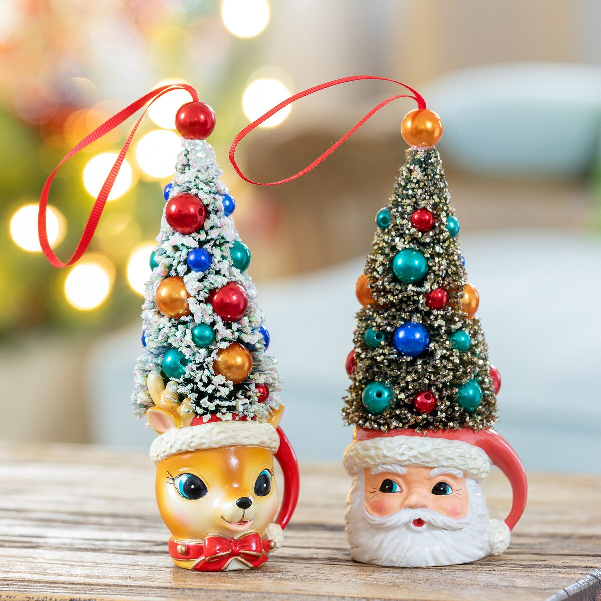 Retro Deer and Santa Mug with Sisal Tree Ornament, 2 Assorted Styles