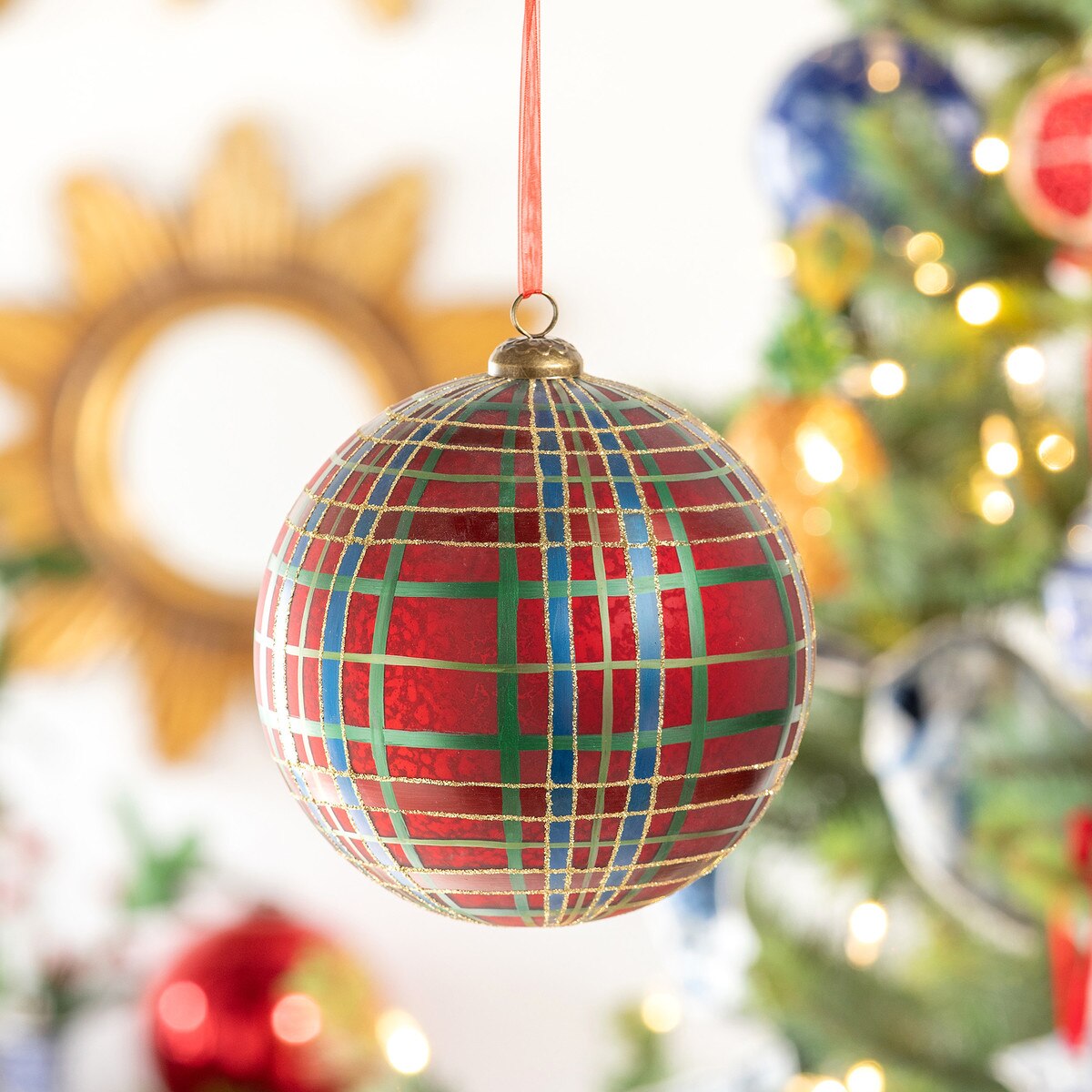 Hand Painted Plaid Glass Ball Ornament, 6" style shot 1