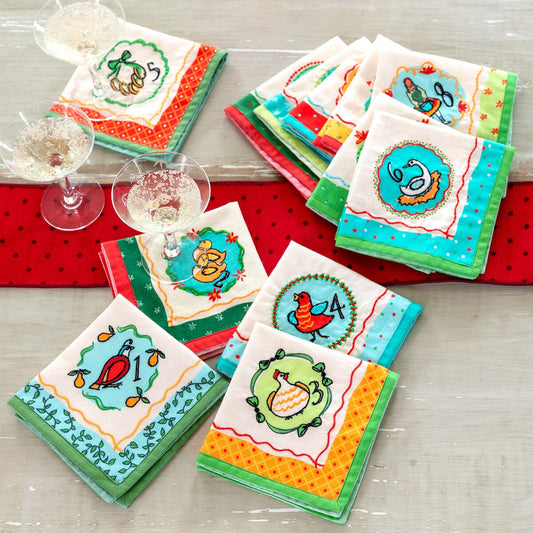 12 Days of Christmas Embroidered Cotton Cocktail Napkins, Set of 12