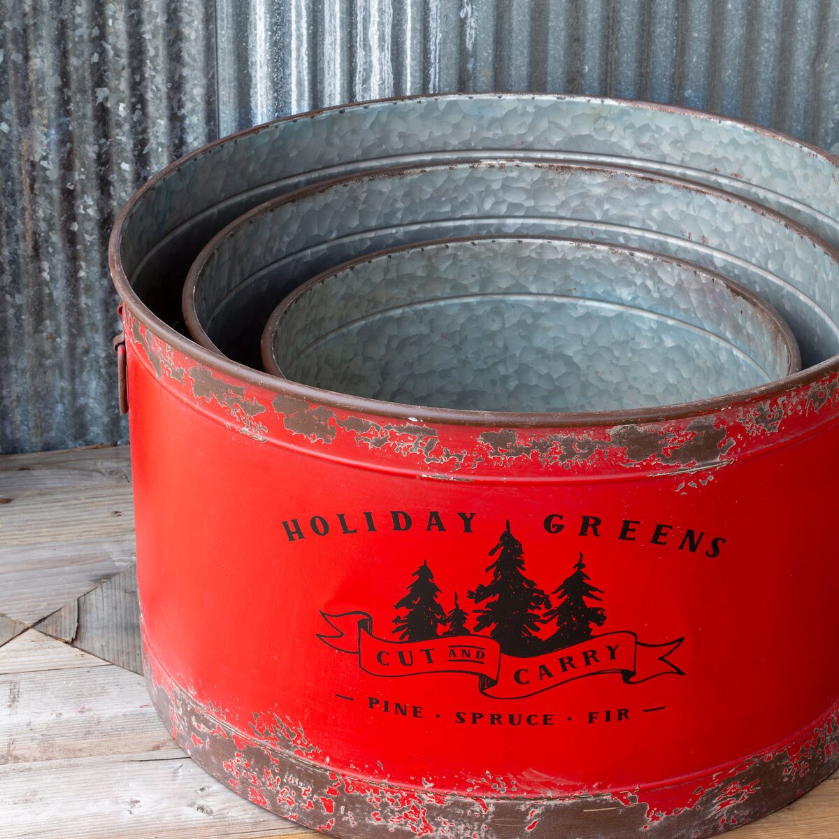 Antique Red Metal Tree Pots, Set of 3 style shot 1