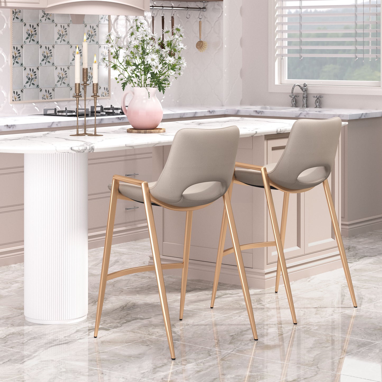 Desi Counter Stool (Set of 2) Beige & Gold style shot 1