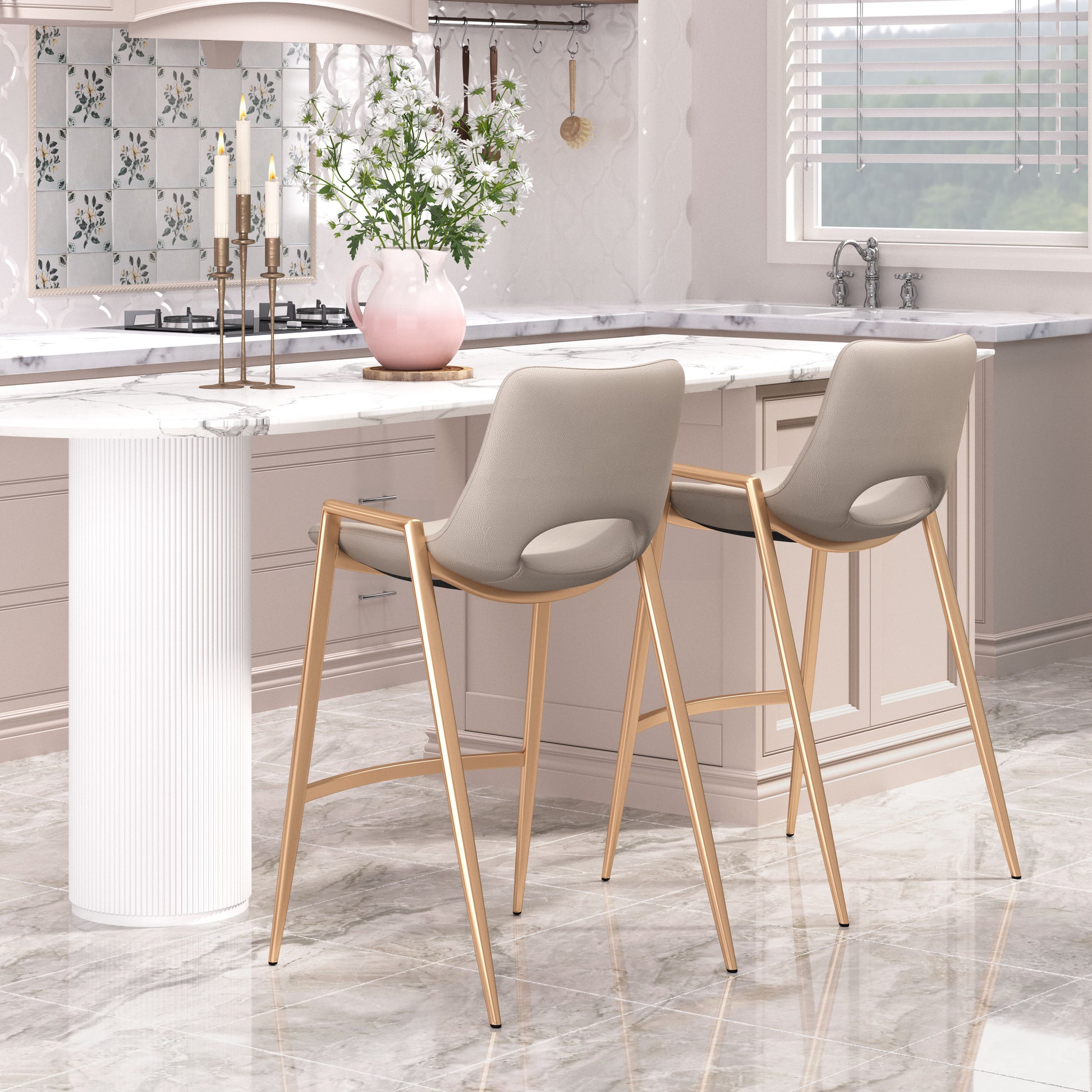 Desi Counter Stool (Set of 2) Beige & Gold style shot 1