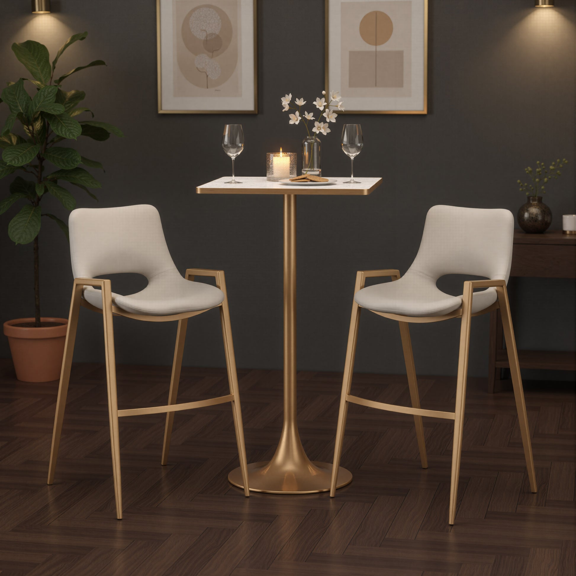 Desi Barstool (Set of 2) Beige & Gold style shot 1